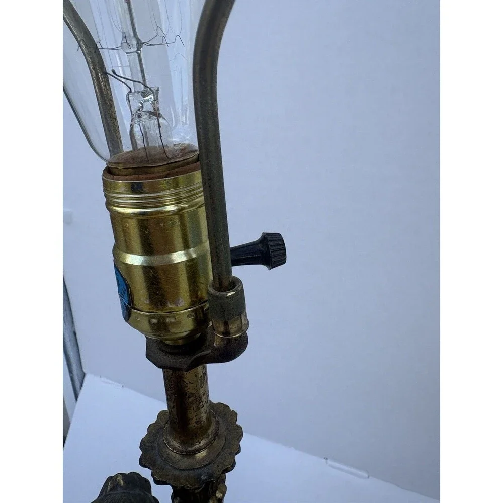 VTG MCM Hollywood Regency Brass Cherub Lamp Iridescent Glass Marble Base Tall
